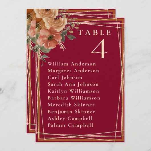 Elegante Burgundy Gold Wedding Table Card Einladung (Vorne/Hinten)