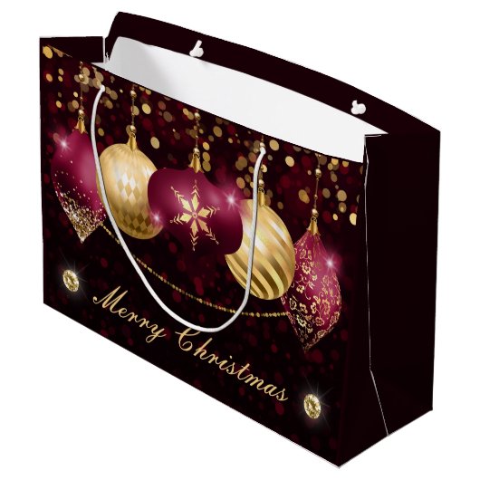 Elegante Burgundy & Gold Winter Baubles Weihnachte Große Geschenktüte (Rückseite Schrägansicht)