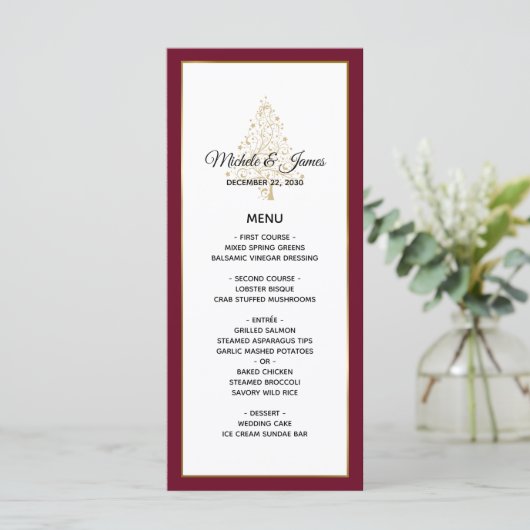 Elegante Burgundy Gold Winter Holiday Wedding Menükarte (Stehend Vorderseite)