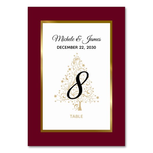 Elegante Burgundy Gold Winter Holiday Wedding Tischnummer (Vorderseite)