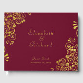 Elegante Burgundy Gold Wirbel Script Wedding Gästebuch (Vorderseite)