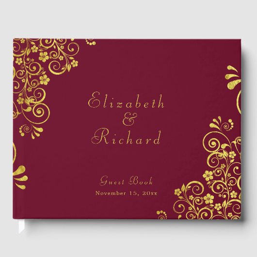 Elegante Burgundy Gold Wirbel Script Wedding Gästebuch (Vorderseite)