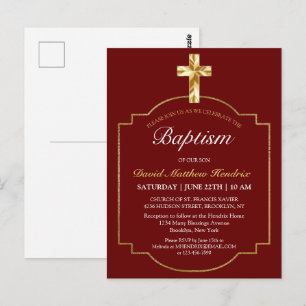 Elegante Burgundy Golden Cross Boys Taufe Invita Postkarte