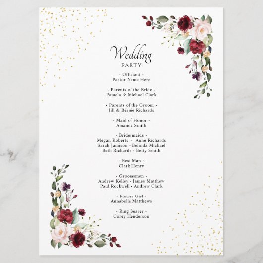 Elegante Burgundy Goldene Foil Bloral Wedding Zere Programm (Rückseite)