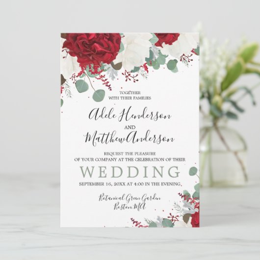 Elegante Burgundy Green Floral Wedding Einladung (Stehend Vorderseite)