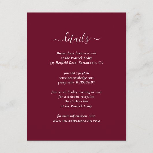 Elegante Burgundy Guest Information Cards Begleitkarte (Vorderseite)