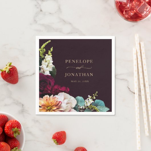 Elegante Burgundy Herbst Floral Gold Script Hochze Serviette (Beispiel)