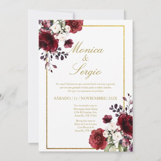 Elegante Burgundy Hochzeit Einladung auf Spanisch (Vorderseite)