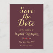 Elegante Burgundy Imitate Gold Wedding Save the Da Postkarte (Vorderseite)