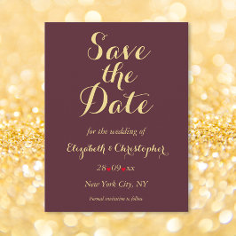 Elegante Burgundy Imitate Gold Wedding Save the Da Postkarte