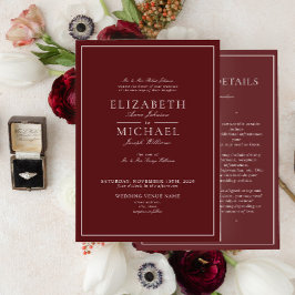 Elegante Burgundy Klassische Skriptdetails Hochzei Einladung