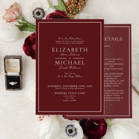 Elegante Burgundy Klassische Skriptdetails Hochzei Einladung