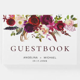 Elegante Burgundy Marsala Bohemische Blumenhochzei Gästebuch