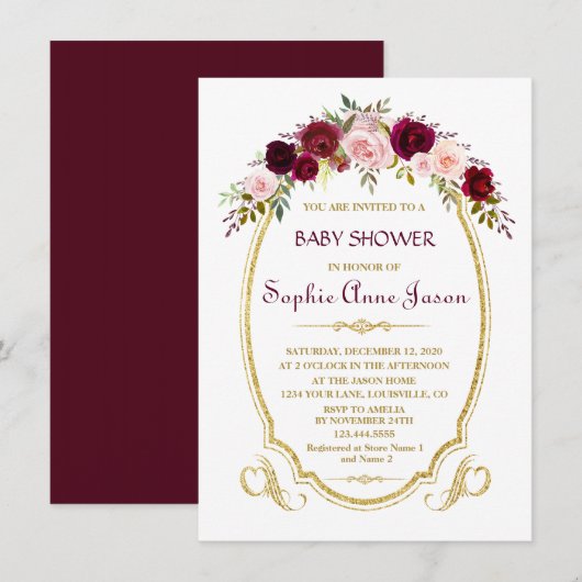 Elegante Burgundy Marsala Floral Fall Baby Shower Einladung (Vorne/Hinten)