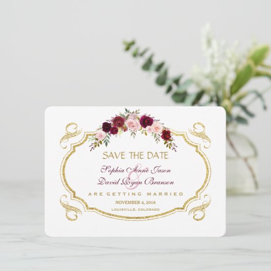 Elegante Burgundy Marsala Floral Fall Save the Dat Save The Date (Stehend Vorderseite)
