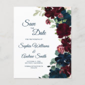 Elegante Burgundy & Navy Blumen Save the Date (Vorderseite)