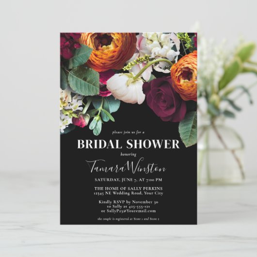 Elegante Burgundy Orange Blush Black Floral Shower Einladung (Stehend Vorderseite)