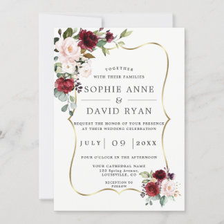 Elegante Burgundy Pink Blume Gold Frame Wedding Einladung