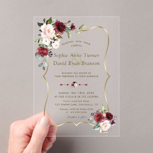Elegante Burgundy Pink Blume Gold Wedding Acryleinladungen (Insitu (Handheld))