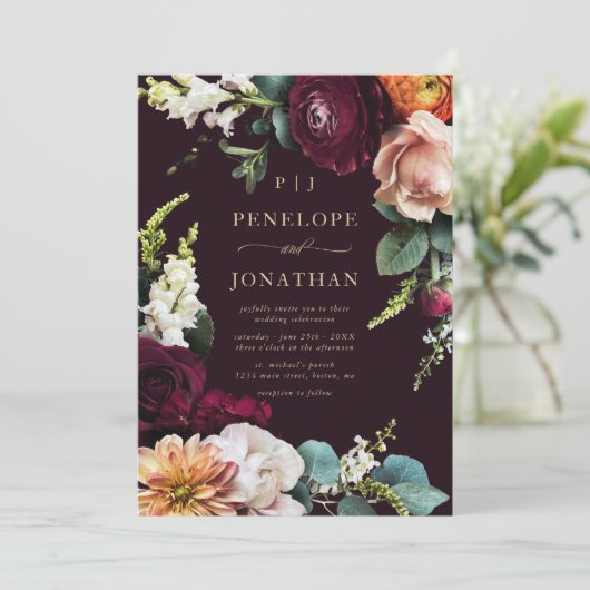 Elegante Burgundy Pink Floral Gold Script Hochzeit Einladung (Stehend Vorderseite)