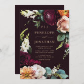 Elegante Burgundy Pink Floral Gold Script Hochzeit Einladung (Vorne/Hinten)