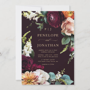 Elegante Burgundy Pink Floral Gold Script Hochzeit Einladung