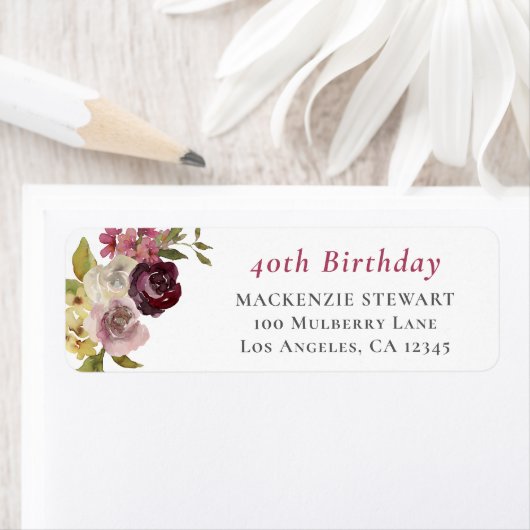 Elegante Burgundy Pink Floral Rücksendeadresse (Insitu)