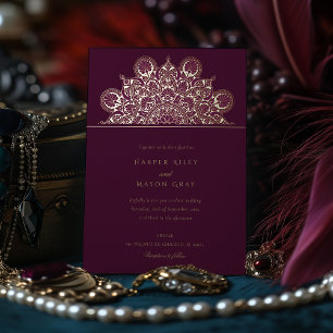 Elegante Burgundy Plum Gold Foil Mandala Wedding Folieneinladung