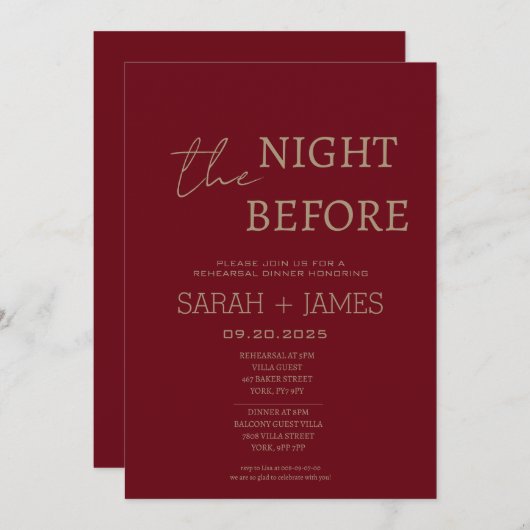 Elegante Burgundy Probe Dinner Hochzeit Einladung (Vorne/Hinten)