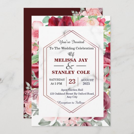 Elegante Burgundy Red Blush Pink Floral Wedding Einladung (Vorne/Hinten)