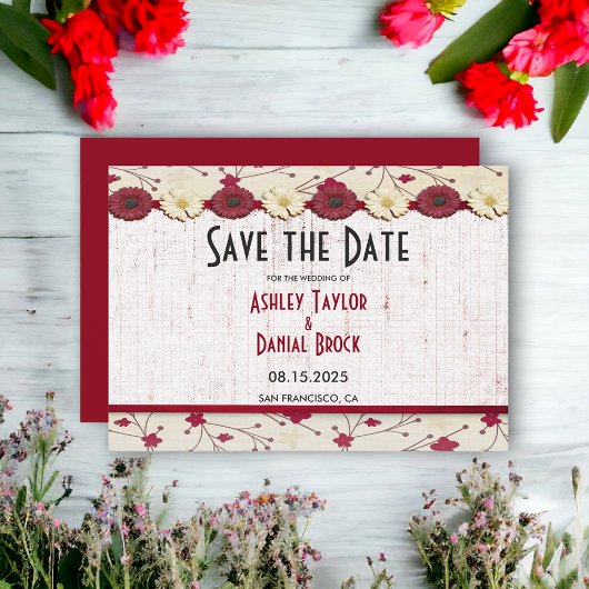 Elegante Burgundy Red Floral Frame Summer Wedding Save The Date
