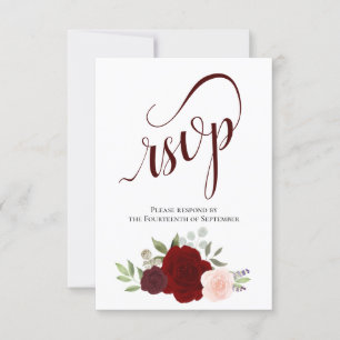 Elegante Burgundy Red & Pink Roses Bouquet Wedding RSVP Karte