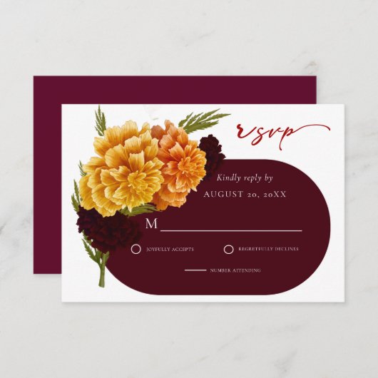 Elegante Burgundy Red Watercolor MARIGOLD Wedding RSVP Karte (Vorne/Hinten)