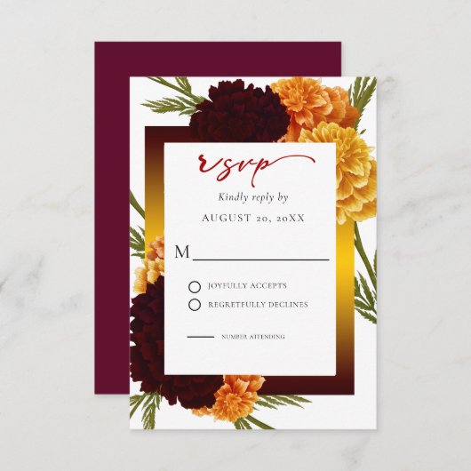 Elegante Burgundy Red Watercolor MARIGOLD Wedding RSVP Karte (Vorne/Hinten)