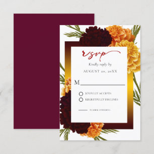Elegante Burgundy Red Watercolor MARIGOLD Wedding RSVP Karte