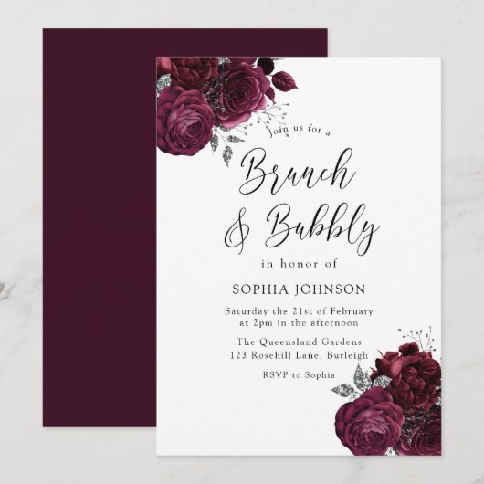 Elegante Burgundy Rose Brunch & Bubbly Bridal Einladung (Vorne/Hinten)