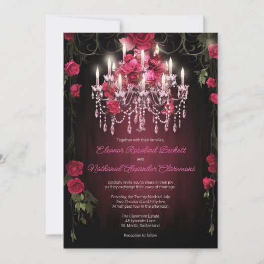 Elegante Burgundy Rose Chandelier Wedding Einladung (Vorderseite)