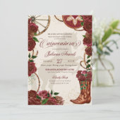 Elegante Burgundy Rose Charro Boots Quinceanera Einladung (Stehend Vorderseite)