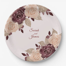 Elegante Burgundy Rose Gold Glitzer Blumenhochzeit Pappteller