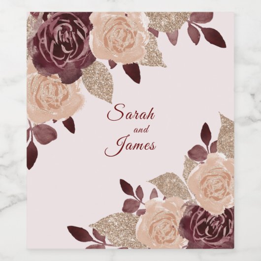 Elegante Burgundy Rose Gold Glitzer Blumenhochzeit Weinetikett (Einzelnes Label)