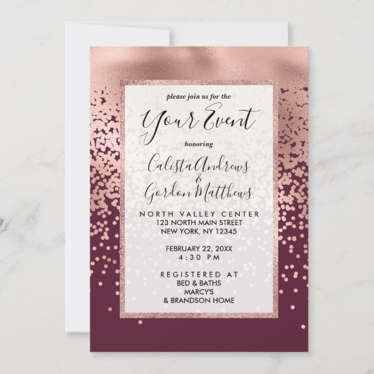 Elegante Burgundy Rose Gold Polka Dot Gradient Einladung (Vorderseite)