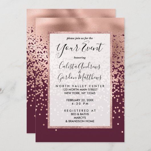 Elegante Burgundy Rose Gold Polka Dot Gradient Einladung (Vorne/Hinten)