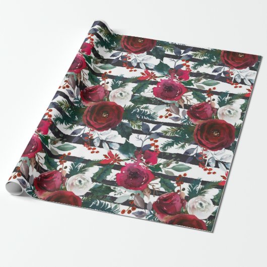 Elegante Burgundy Rose Grosses Strip Weihnachten Geschenkpapier (Ungerollt)