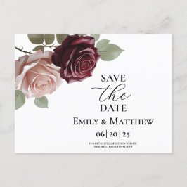 Elegante Burgundy Rose Hochzeit speichern das Datu Ankündigungspostkarte