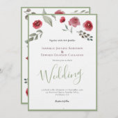 Elegante Burgundy Rose & Sage Green Wedding Einladung (Vorne/Hinten)