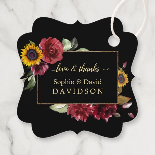 Elegante Burgundy Rose Sonnenblumen Goldene Hochze Geschenkanhänger (Rückseite)