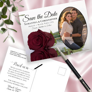 Elegante Burgundy Rose Wedding Save the Date Foto Ankündigungspostkarte