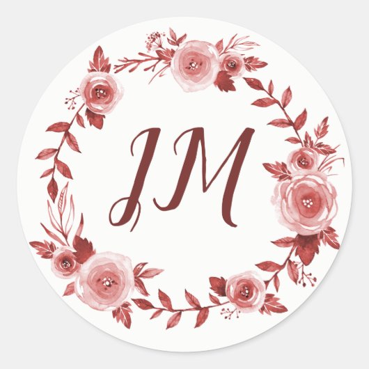 Elegante Burgundy Rose Wreath Monogram Wedding Runder Aufkleber (Vorderseite)