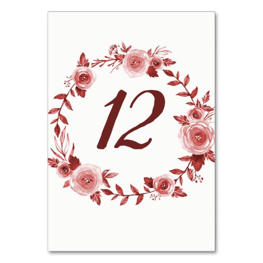 Elegante Burgundy Rose Wreath Tischnummer Cards (Vorderseite)
