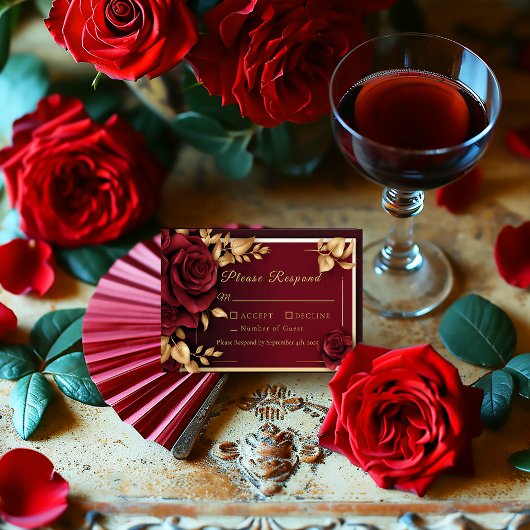 Elegante Burgundy Rote Rose Flamenco Wedding RSVP Karte